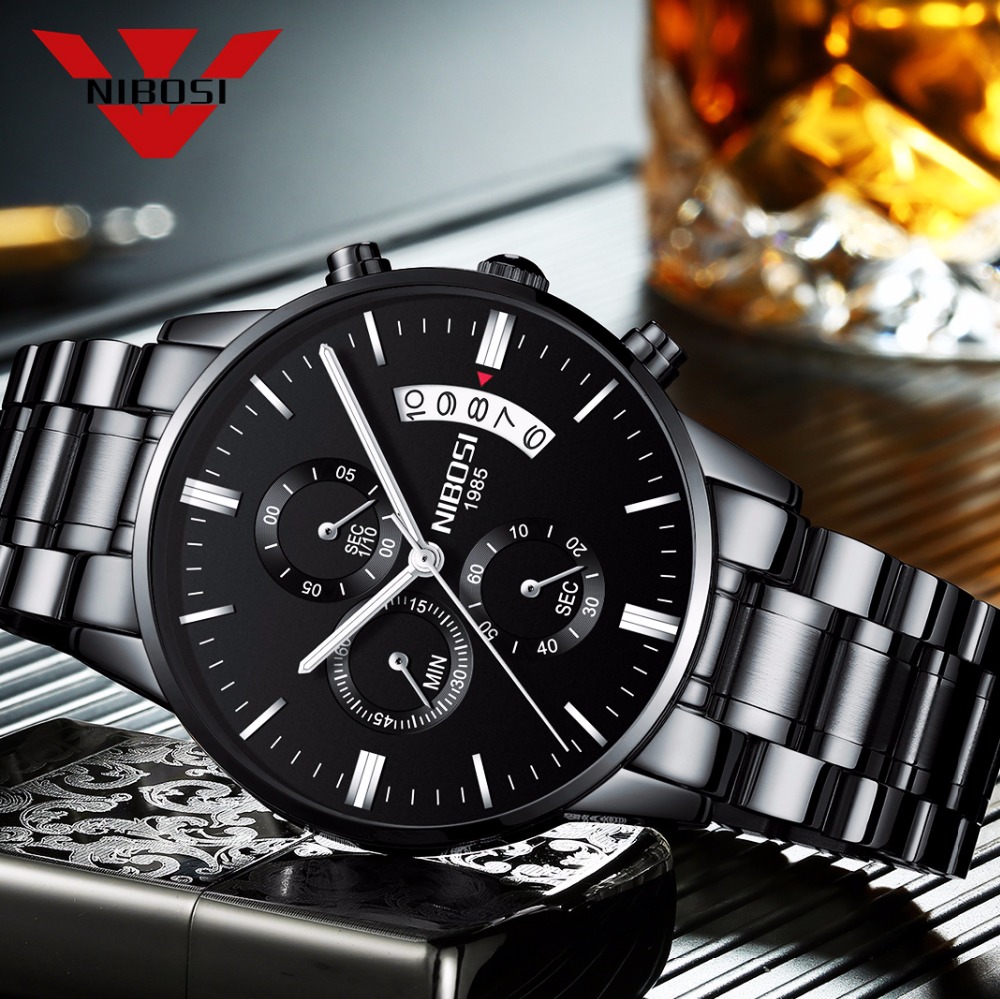 Luxury Watch Magazine - NIBOSI czarny zegarek kwarcowy ze stali