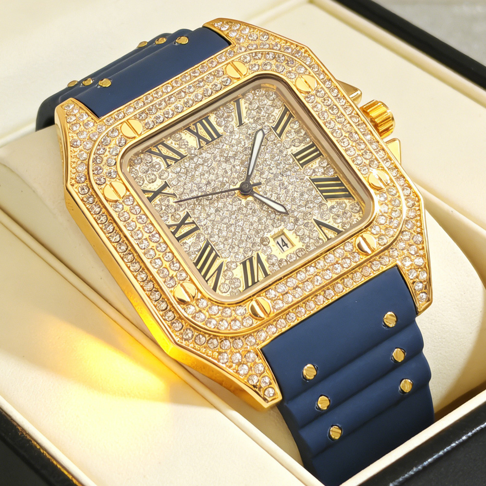 Luxury Watch With Rubber Strap - Modny Zegarek Kwarcowy z Pełnym Diamentowym