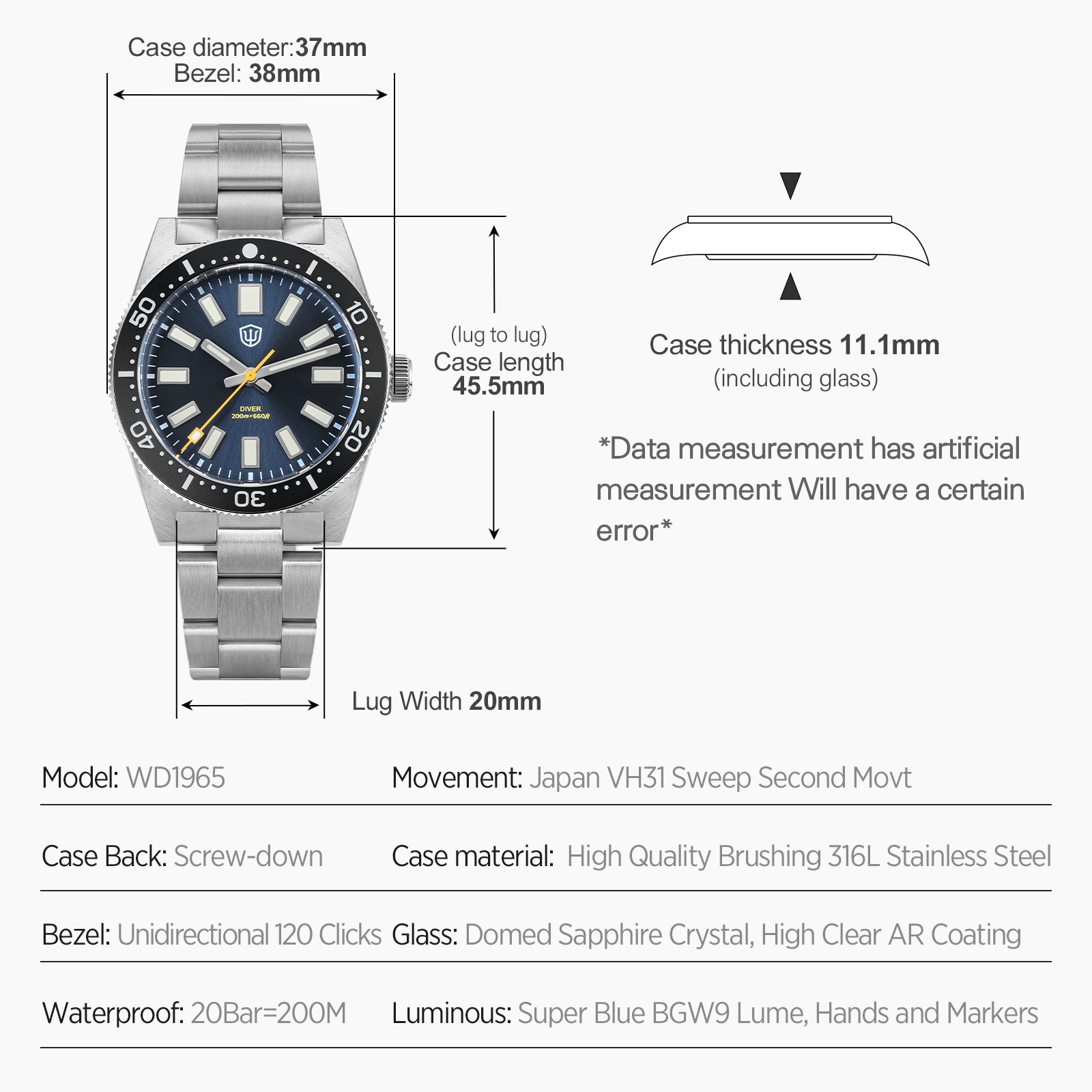 Watchdives 37mm WD1965 V2 Męsk – Luxury Watch Hand recenzja i cena